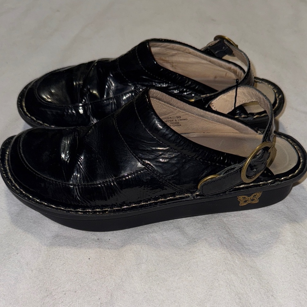 Alegria Shiny Black Slingback Mules